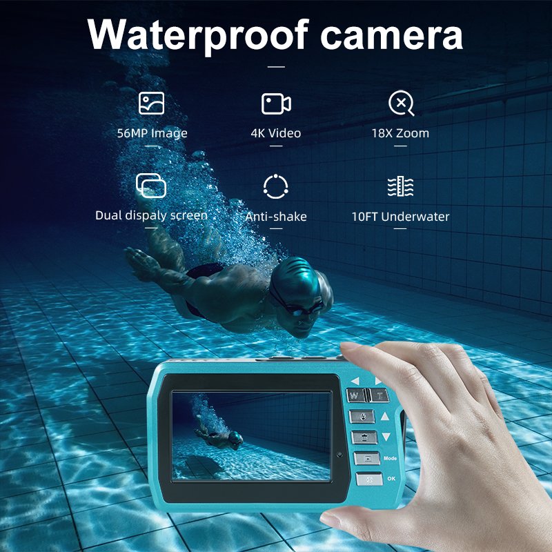 Waterproof Camera 56MP Underwater Cameras UHD 4K/30FPS Video Recorder Dual Screens 10FT Digital Swimming Camera for Snorkeling