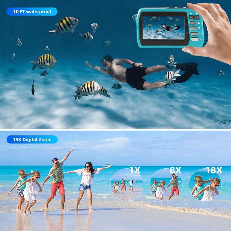 Waterproof Camera 56MP Underwater Cameras UHD 4K/30FPS Video Recorder Dual Screens 10FT Digital Swimming Camera for Snorkeling
