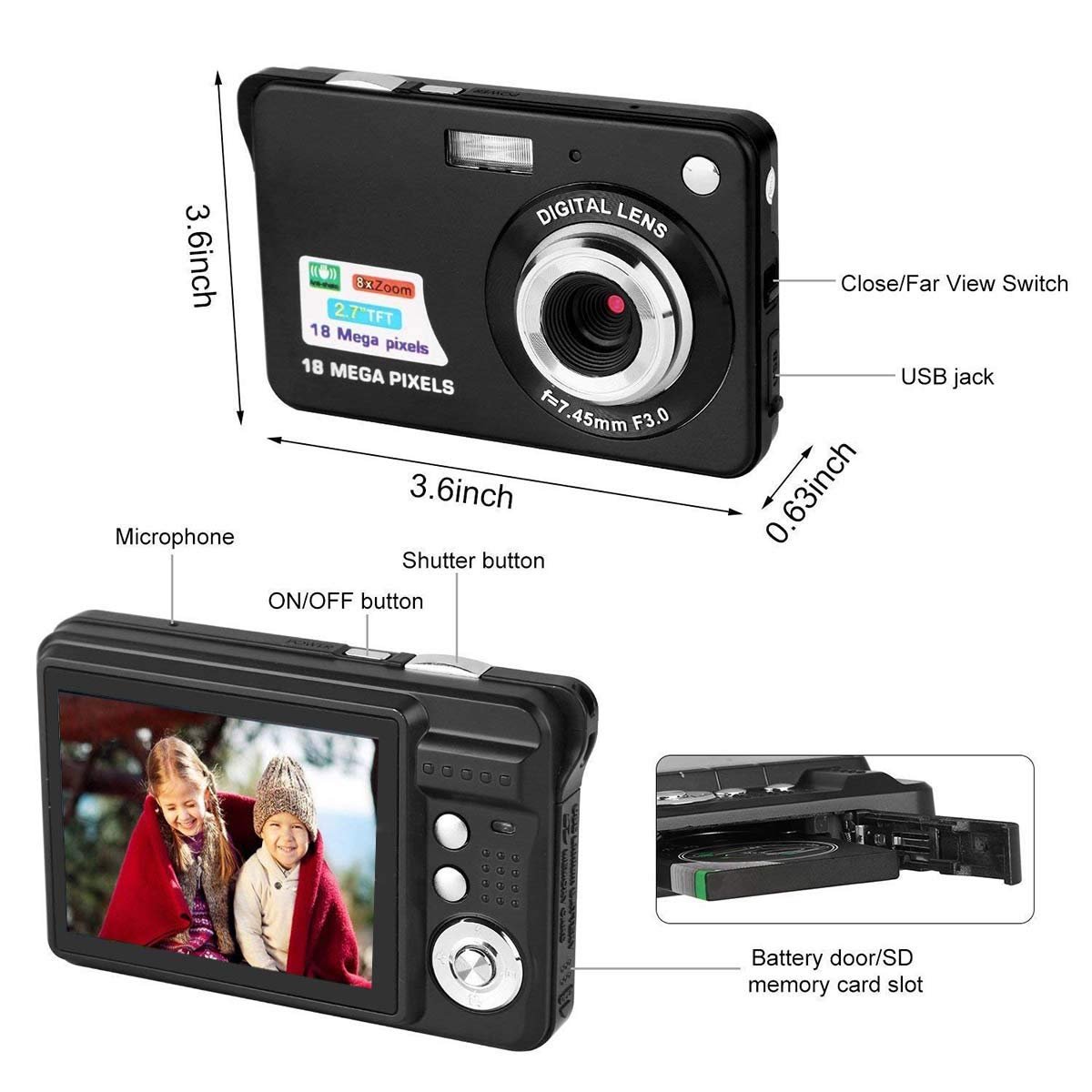 Point and Shoot Digital Camera 2.7 Inch HD Compact Camera Videos Pocket Digital Cameras