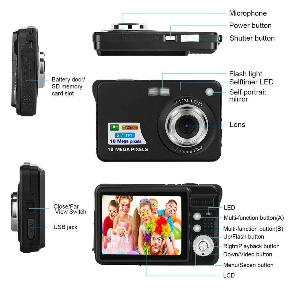 Point and Shoot Digital Camera 2.7 Inch HD Compact Camera Videos Pocket Digital Cameras