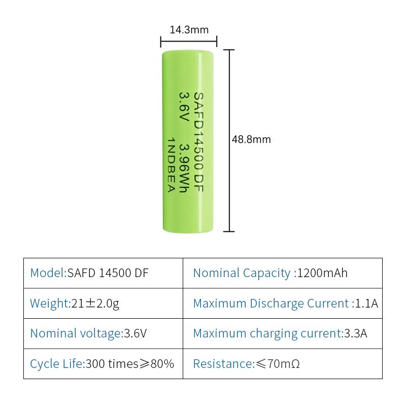 Cylindrical 14500 3.6 V 1200 Mah Li-ion rechargeable battery for lighting or mini microphone