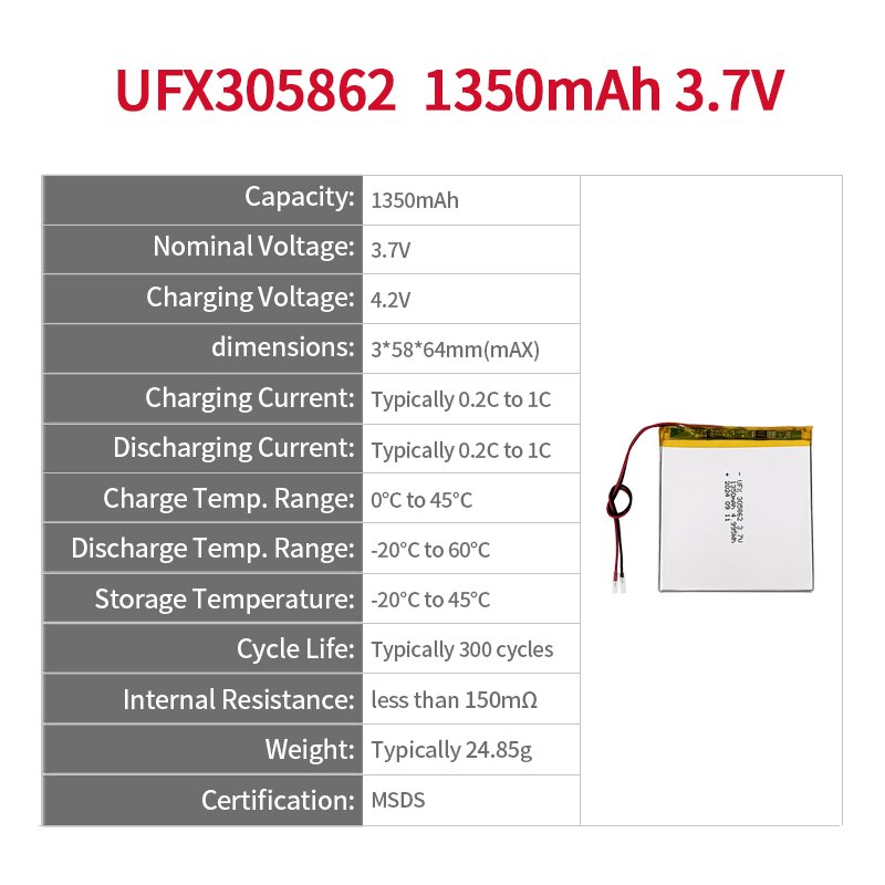 Wholesale Customized Rechargeable High-Capacity UFX 305862 1350mAh 3.7V Li-ion Battery For Digital Device