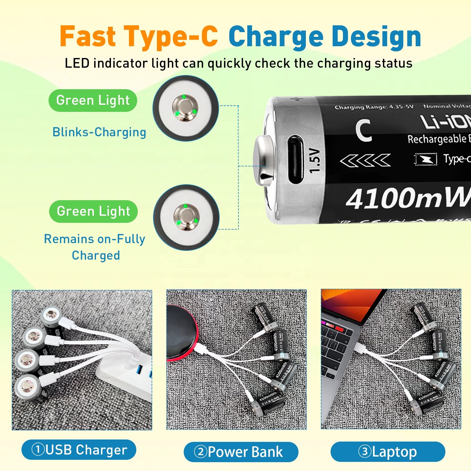 4100Mwh C Size Deep Cycle Oortable Li-ion 1.5v Type C Usb Rechargeable Lithium Battery