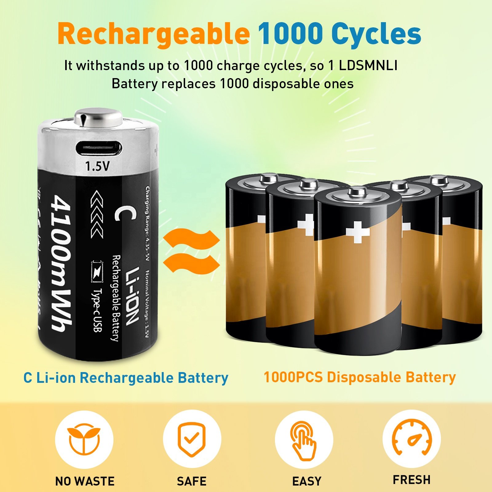 4100Mwh C Size Deep Cycle Oortable Li-ion 1.5v Type C Usb Rechargeable Lithium Battery
