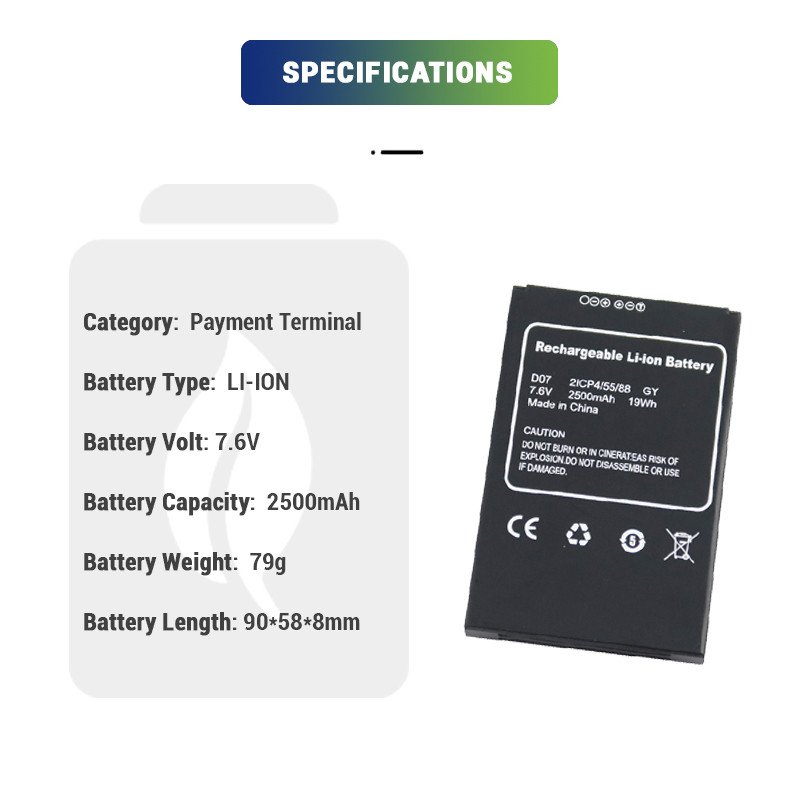 7.6V 2500mAh smart digital POS terminal Lithium ion replacement rechargeable battery for FEITIAN F20 D07