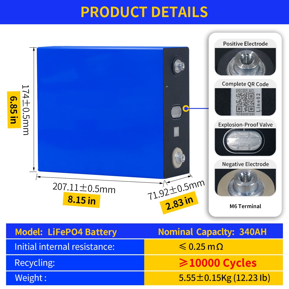 3.2V 340Ah 10000 Cycle Lifepo4 Battery Grade A Rechargeable battery DIY 12V 24V 48V RV EV Golf Cart Wheelchair Cell NO TAX