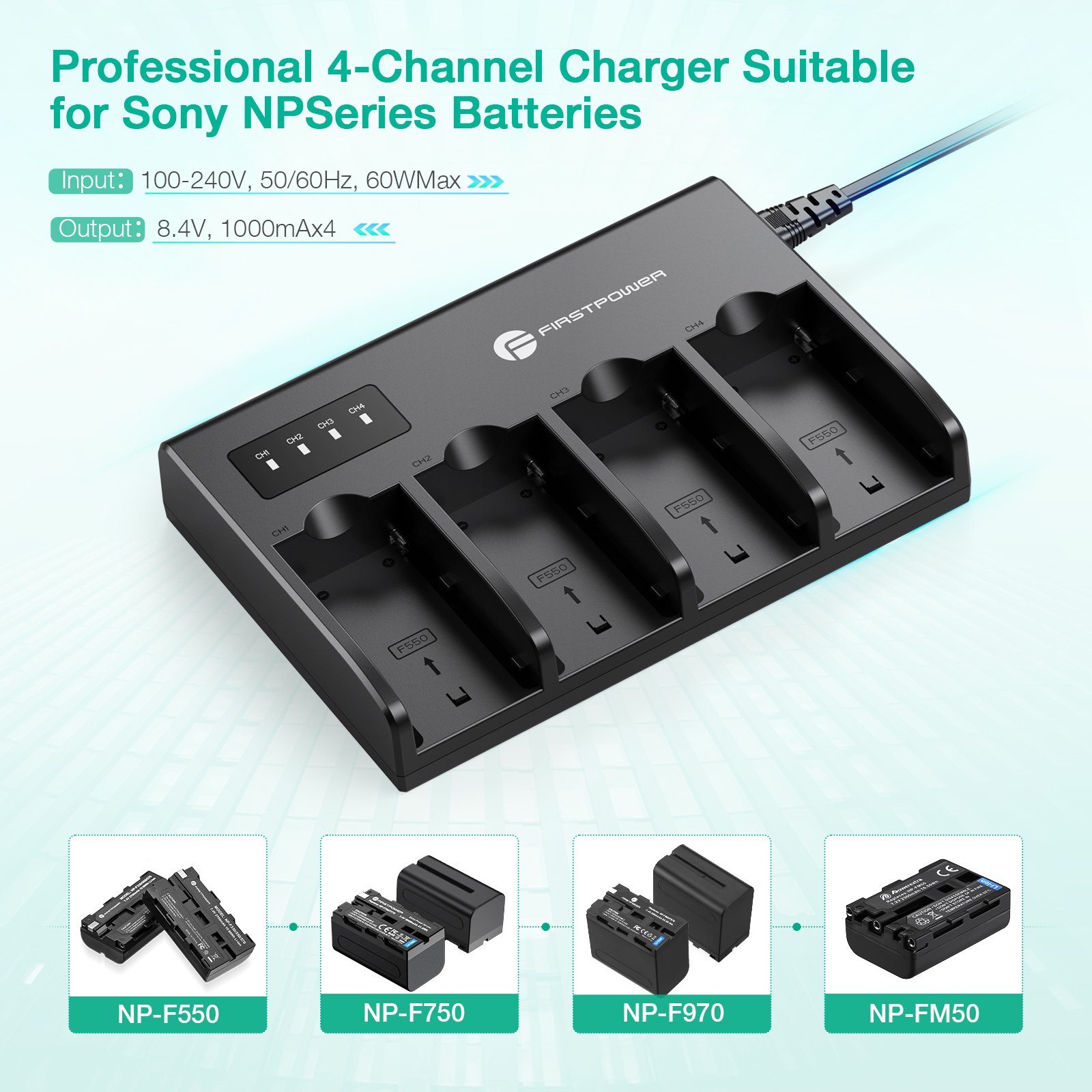 NP-F970 Batteries 4-Channel Charger For So ny NP F750, F550, F570, CCD-SC55, TR516, TR716, TR818, TR910, TR917