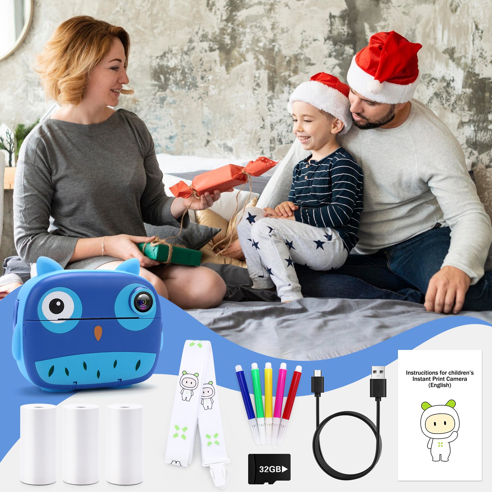 JJRC V17 Kids Selfie Camera Toy Mini printing Photo Video camera Children's gift MP3 instant print camera with fun games