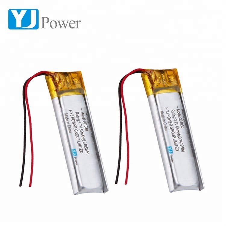 Factory price long cycle 301030 3.7v 65mAh rechargeable lithium ion battery for wireless earphone with KC UN38.3 IEC62133 MSDS