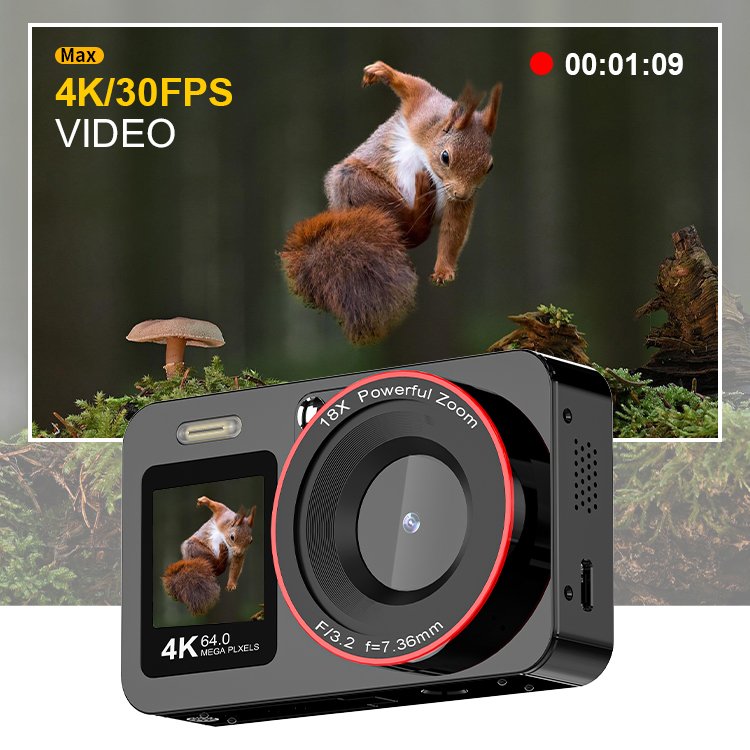 Digital Camera 4K Ultra HD Mini Camcorder 64MP 2.8&1.4 Inch Dual Screen Rechargeable Students Compact Record Vlogging Camera