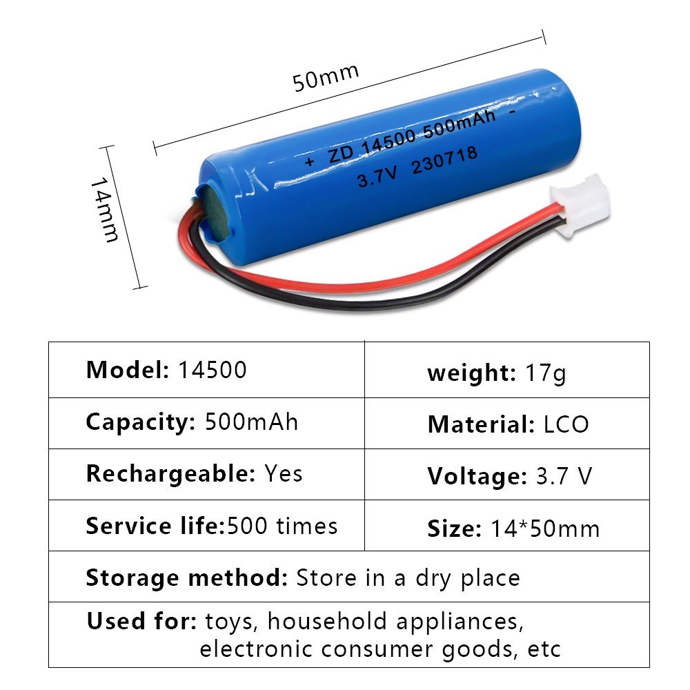 Hot flashlight beauty instrument digital products with 3.7V 500mAh lithium ion rechargeable cylindrical 14500 battery