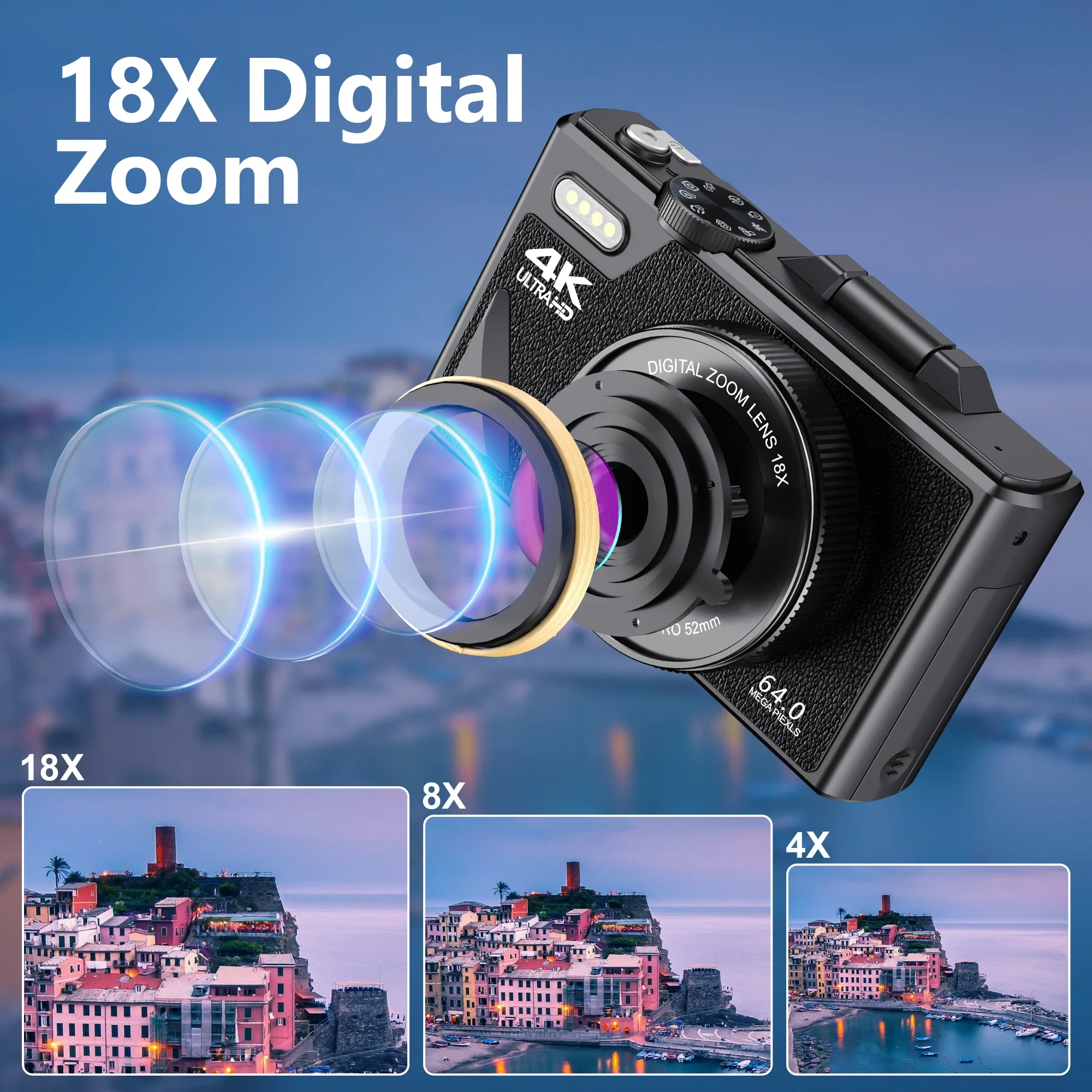 Digital Camera Autofocus Video Pause Function Retro Digital Camera 3 Inch IPS Flip Screen UHD 4K For Beginners For Photography