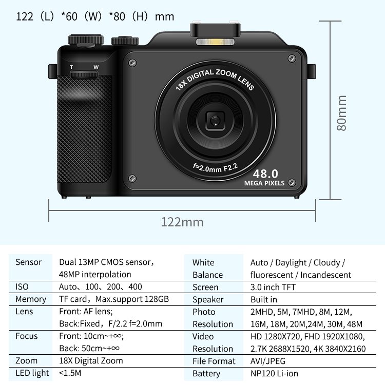 48MP Autofocus 4k Video Camera with 3 Inch Screen 18X Digital Zoom Compact Recorder Vlogging Cameras