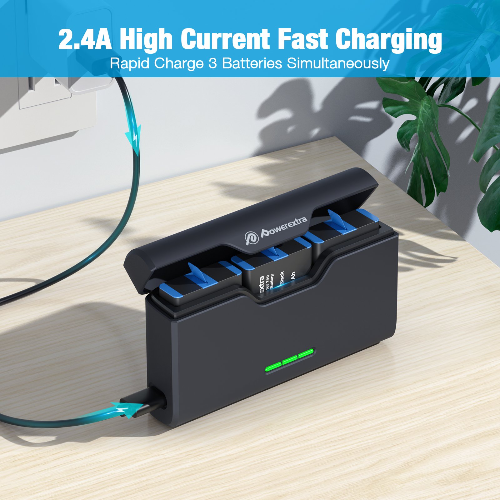 Powerextra Mini Battery Storage Box 3 Slots Type C Fast Rechargeable Camera Batteries Charger For Gopro 10/9/8/7/6/5 Battery