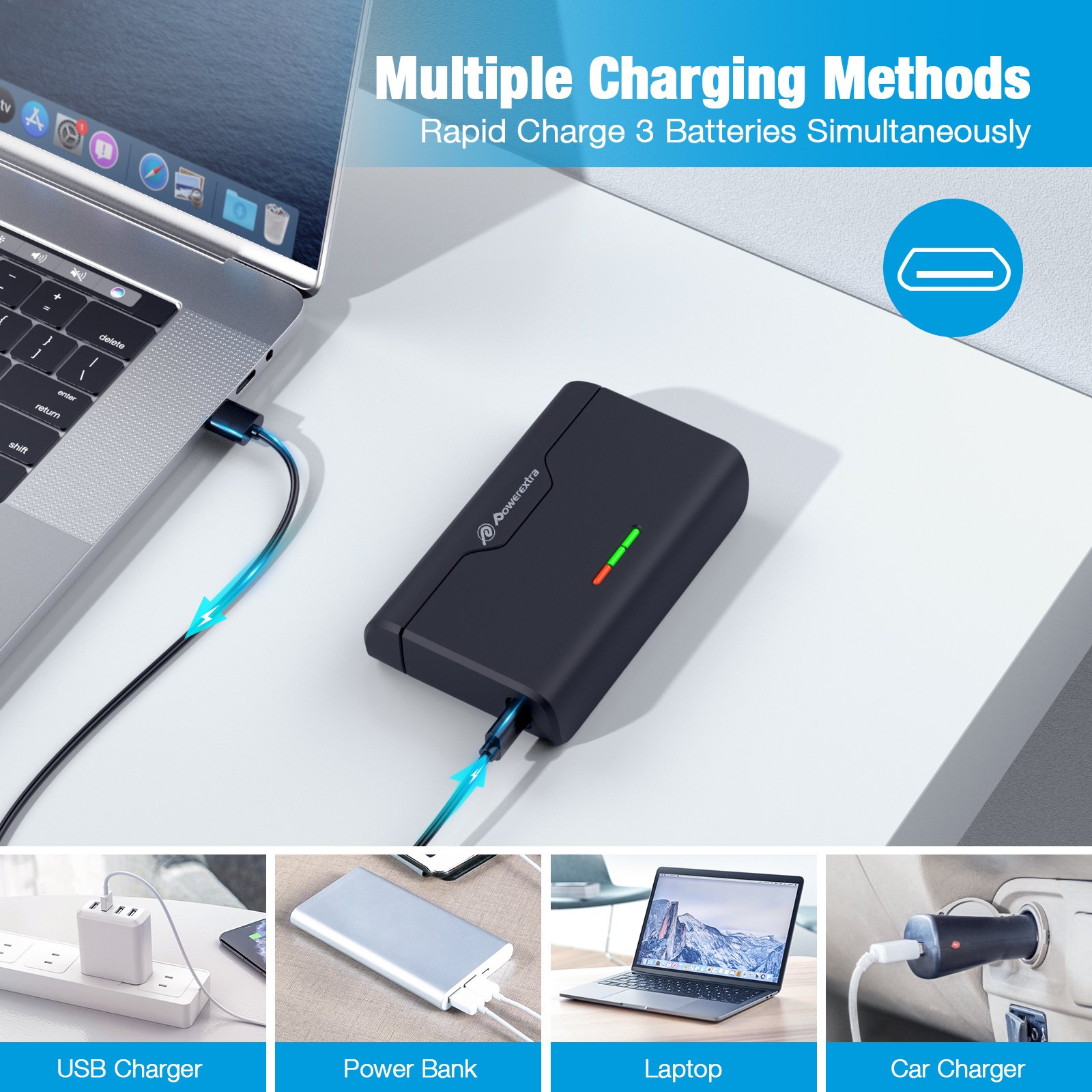 Powerextra Mini Battery Storage Box 3 Slots Type C Fast Rechargeable Camera Batteries Charger For Gopro 10/9/8/7/6/5 Battery