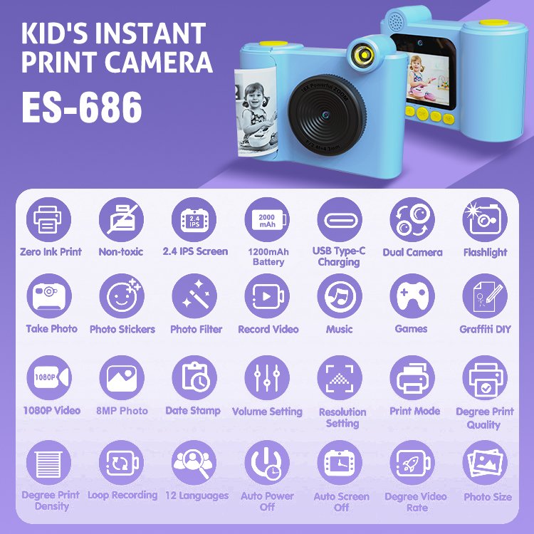 Gifts Top Selling Kids Camera Picture Printer HD Video 1200mah Battery Mini Toys For Children Printing Camera