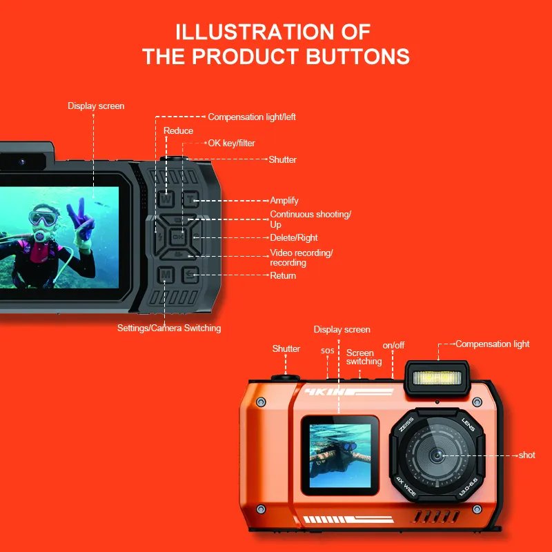 2024 New Arrival 48M Dual Screen 2500mAh Waterproof Digital Camera 65MP 4K action camera