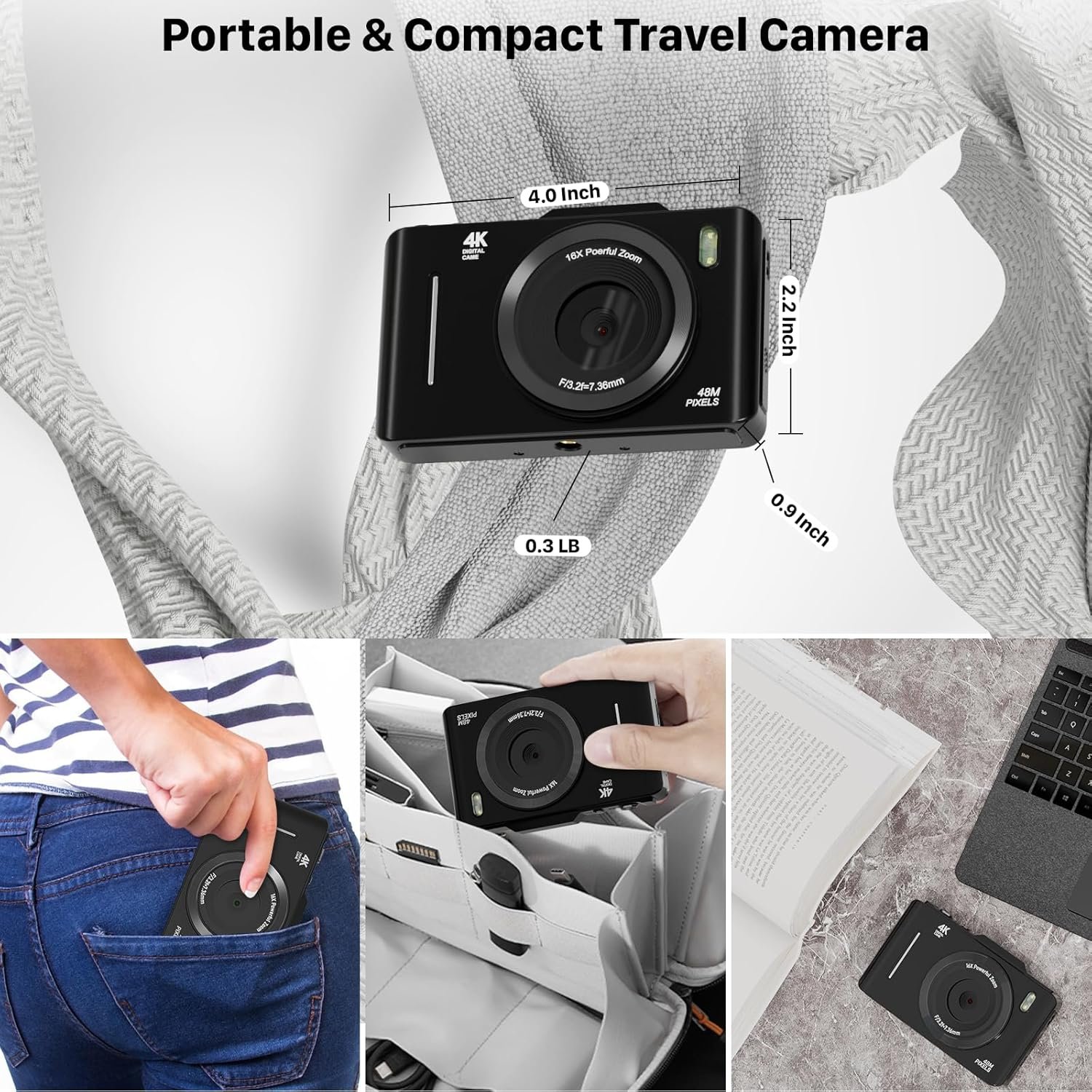 YYTech Digital Camera 4K 1080P 16X Zoom 2.8" Inch IPS Screen with Anti Shake Student Camera for 4-10 Years Boys Girls Kids