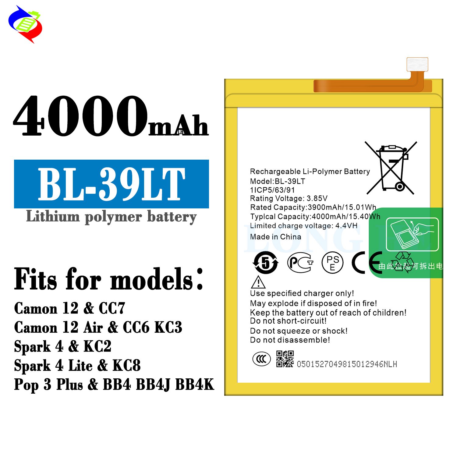 4000mAh BL-39LT Camon i12 mobile phone battery for Tecno KC3 battery rechargeable batteries