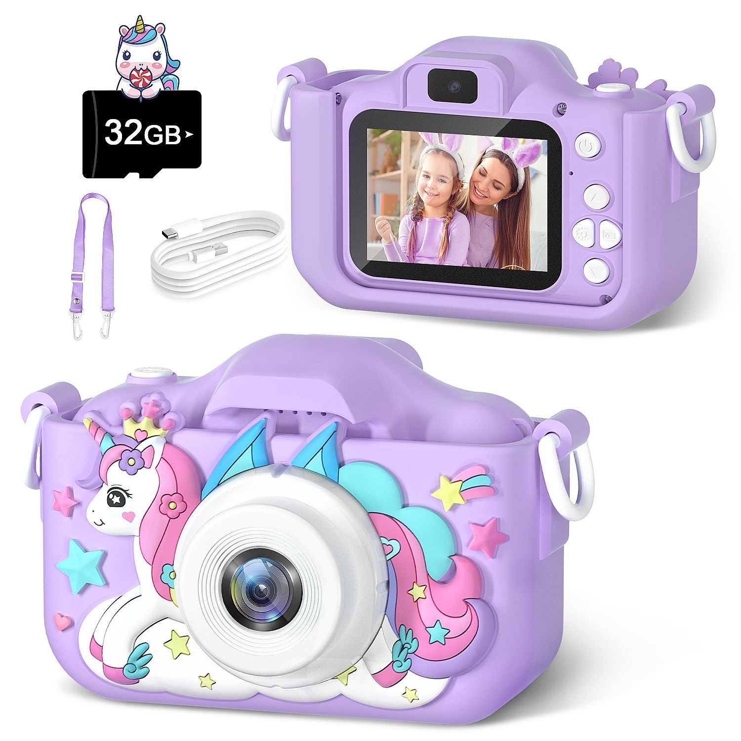New arrival Children Mini Digital Camera Cute unicorn Cartoon Toys Kids sefie Camera with 32G memory card for Birthday Gift