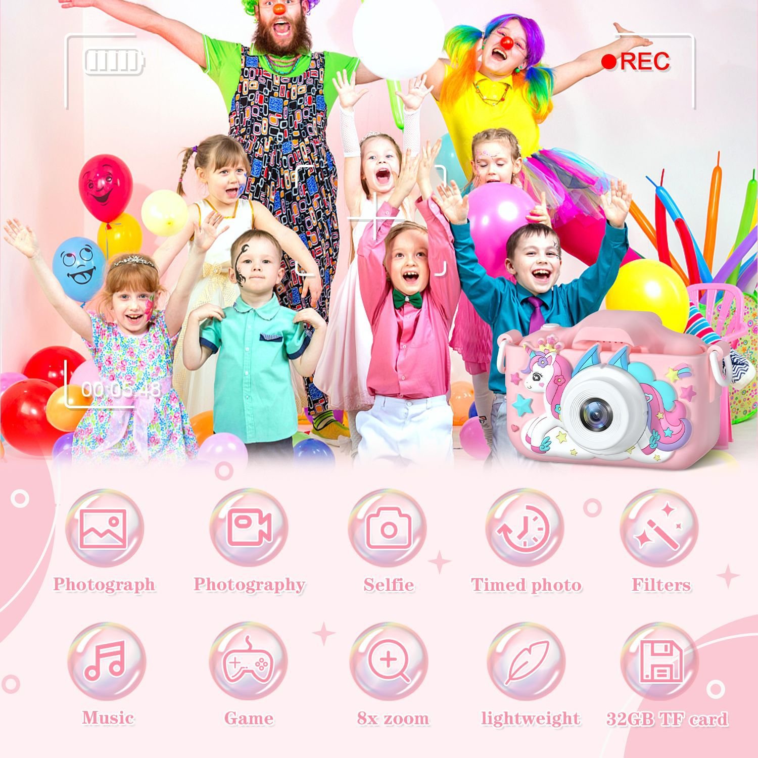 New arrival Children Mini Digital Camera Cute unicorn Cartoon Toys Kids sefie Camera with 32G memory card for Birthday Gift