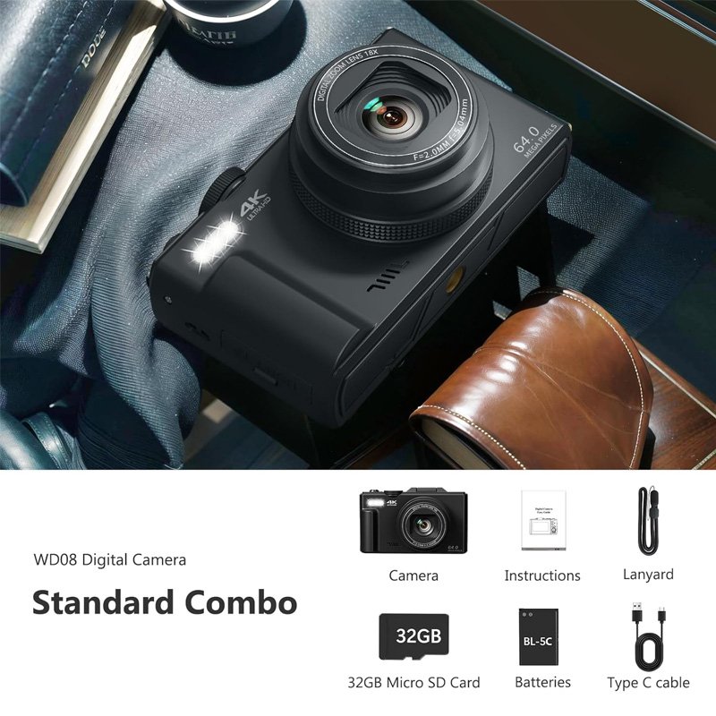 4K Digital Camera for YouTube Compact Retro 48MP Camera with 3" 180° Flip Screen and 18X Digital Zoom 32GB Micro SD Card