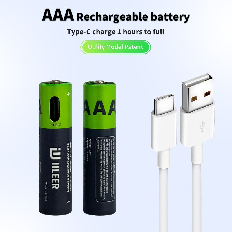 High Quality Fast Charging 1.5V 500mAh Type C Rechargeable Lithium Battery 814mWh 110mA AAA Battery For flashlight