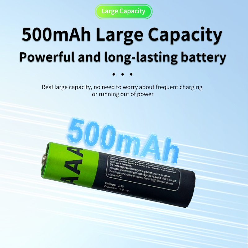 High Quality Fast Charging 1.5V 500mAh Type C Rechargeable Lithium Battery 814mWh 110mA AAA Battery For flashlight