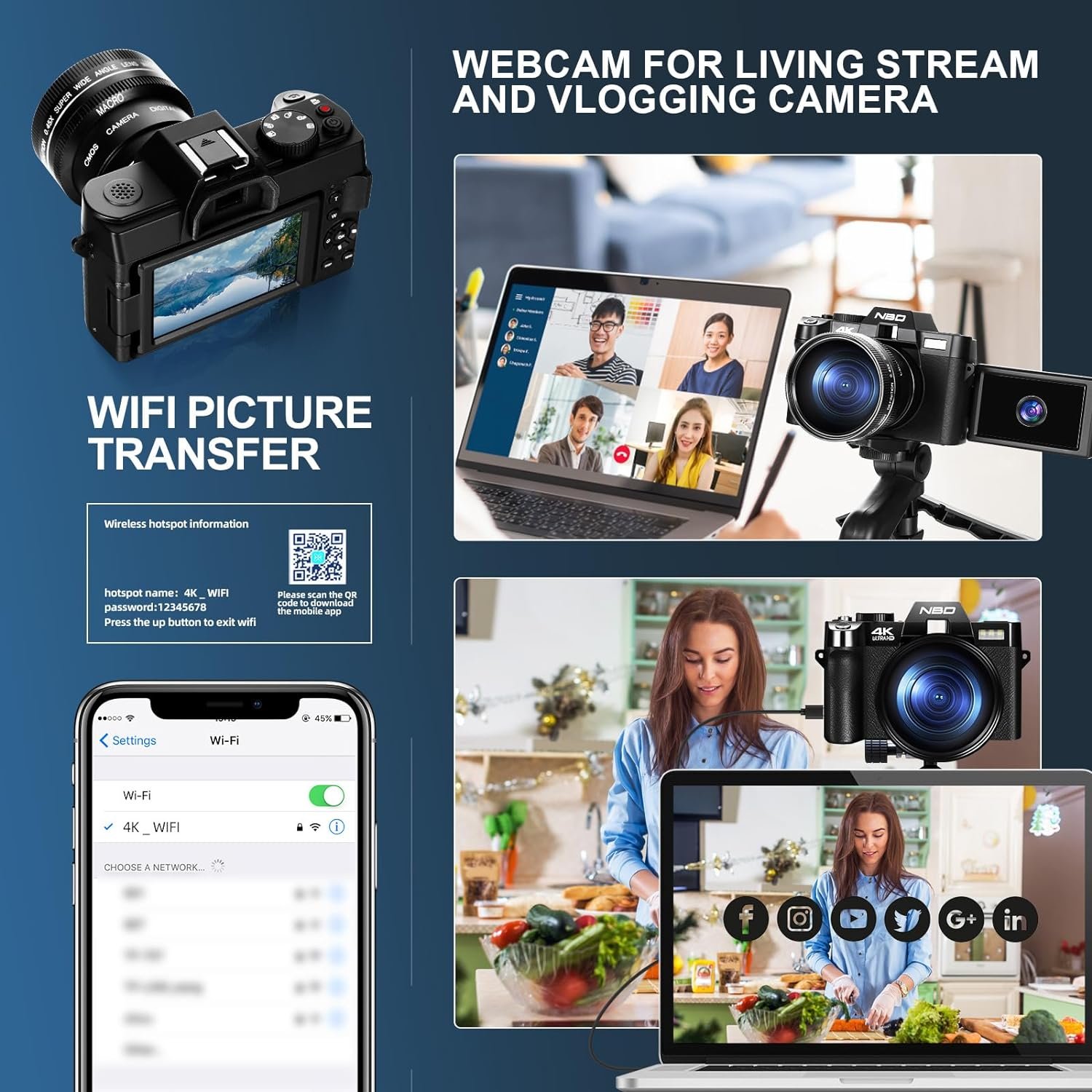 NBD camera 3-Inch Screen Rechargeable Battery 48 MP mega pixels 16x digital zoom 4K video recording Digital Camera