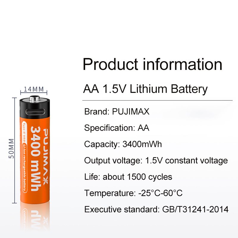 PUJIMAX 1.5v type c rechargeable batteries 1pcs lithium aa battery 3400mwh usb c aa lithium ion battery 1.5v charger with cable