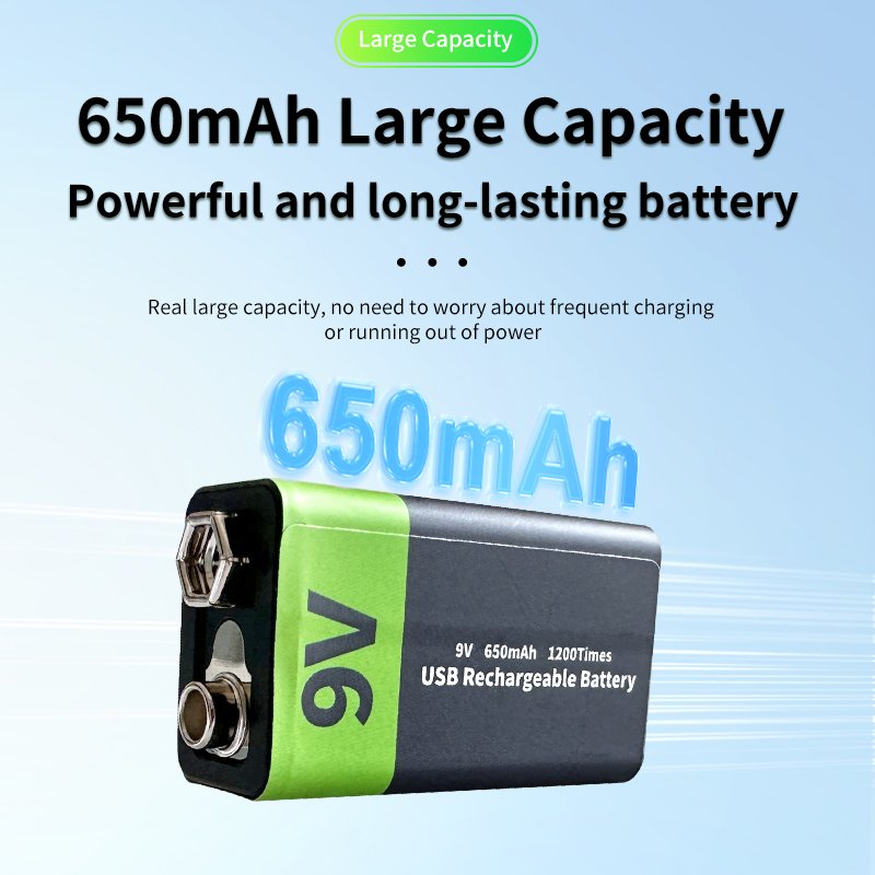 Wholesale Price 3700mWh 9V USB Rechargeable Lithium Battery 650mAh 1200 Cycles With Type C Port for home