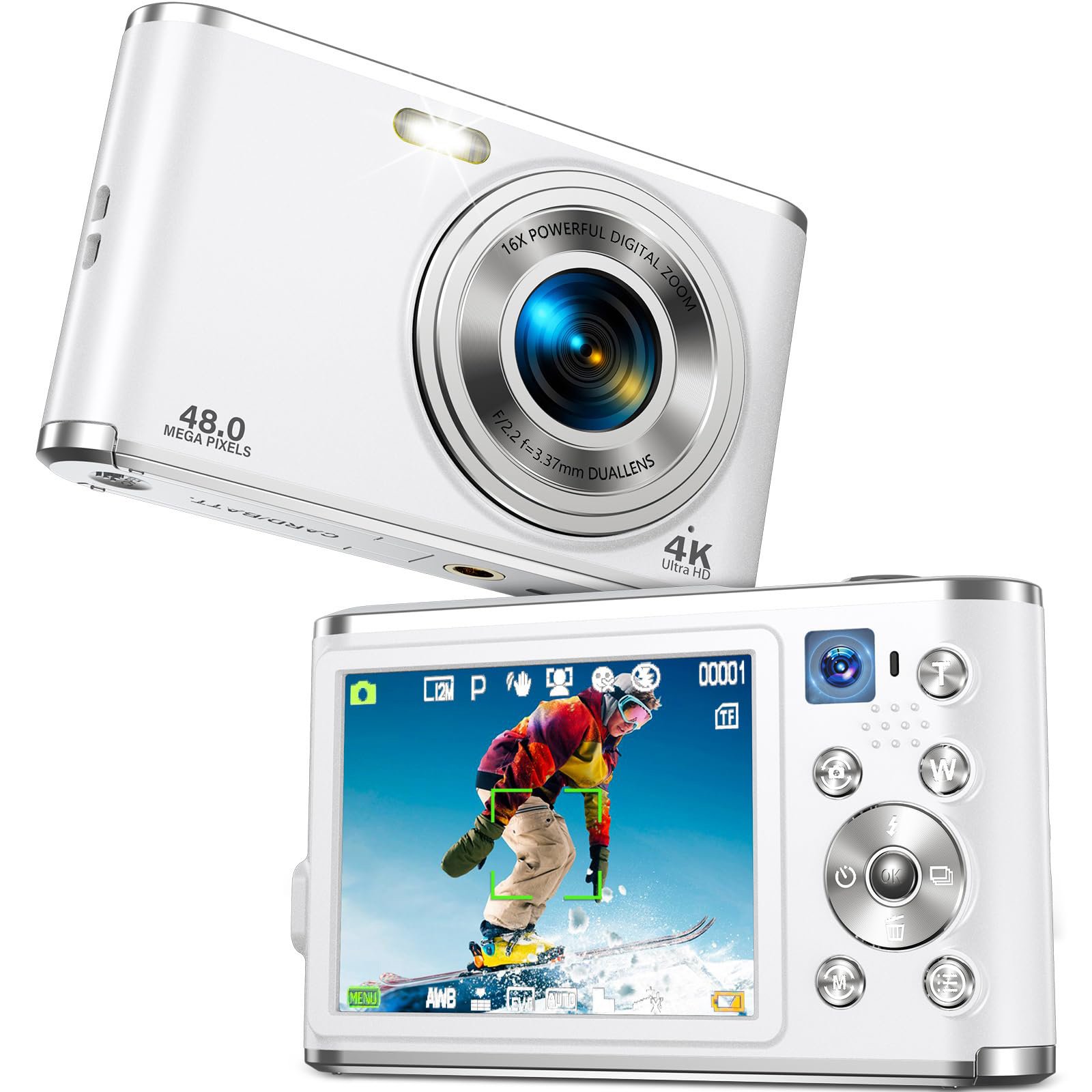 4K Autofocus Front and Rear Dual Cameras, HD 48MP , 2.8" Large Screen, 16X Digital Zoom, Rechargeable compact digital camera