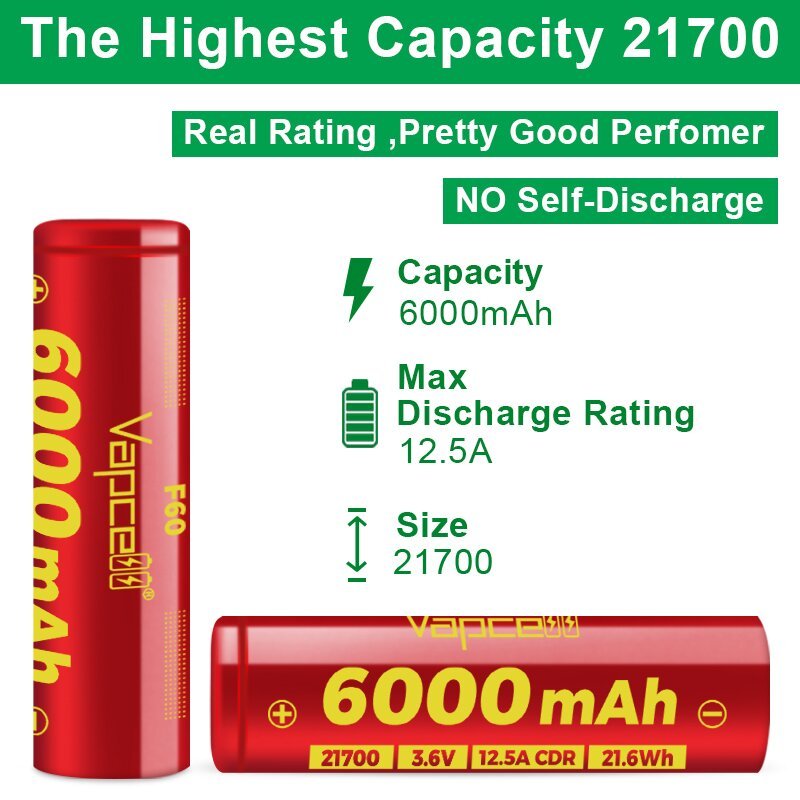 Vapcell F60 21700 3.7V 6000mAh 12.5A Rechargeable Cylindrical Battery for Power Tools Electric Vehicles Electron Applications