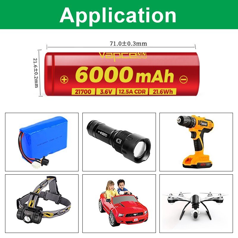 Vapcell F60 21700 3.7V 6000mAh 12.5A Rechargeable Cylindrical Battery for Power Tools Electric Vehicles Electron Applications