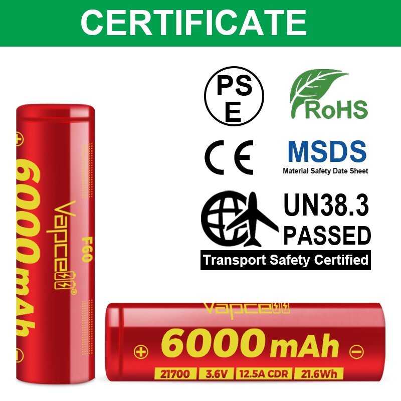 Vapcell F60 21700 3.7V 6000mAh 12.5A Rechargeable Cylindrical Battery for Power Tools Electric Vehicles Electron Applications