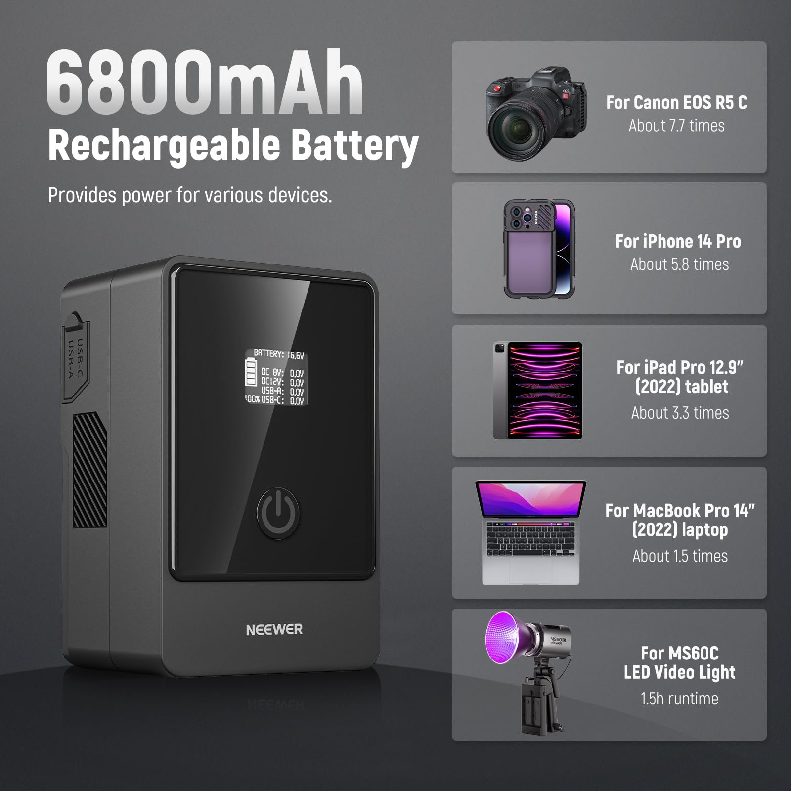 Photography Studio V Mount Battery NEEWER 6800mAh 99Wh 14.5V Mini V Mount Battery for Digital Camera Laptops Phones