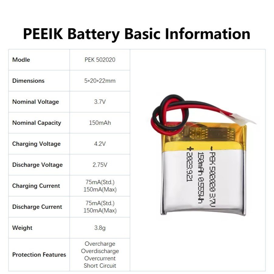 PEEIK502020 150mAh 3.7V Digital Photo Frame Smart Doorbell Pedometer Battery Price Battery ManufacturersHigh Performance Battery