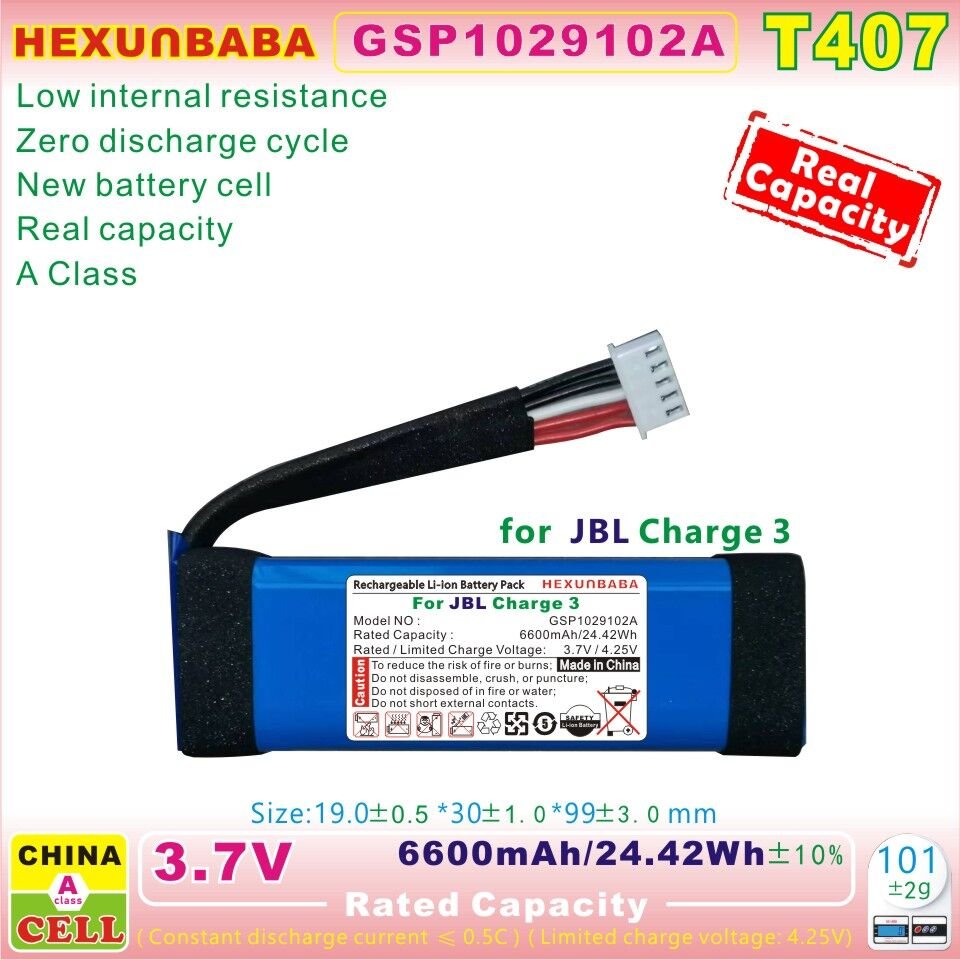 GSP1029102A 3.7V 6600mAh Li-Ion Battery for JBL Charge3 Speaker T407
