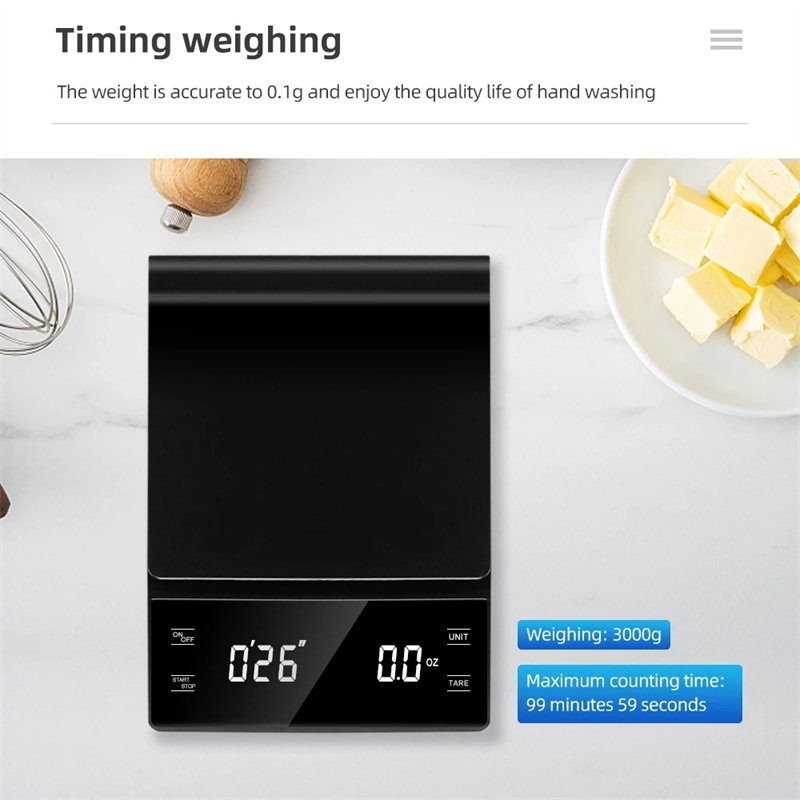 Portable Electronic Digital Coffee Scale With LED Display Timer Household Kitchen Weight Scale 3KG Accuracy