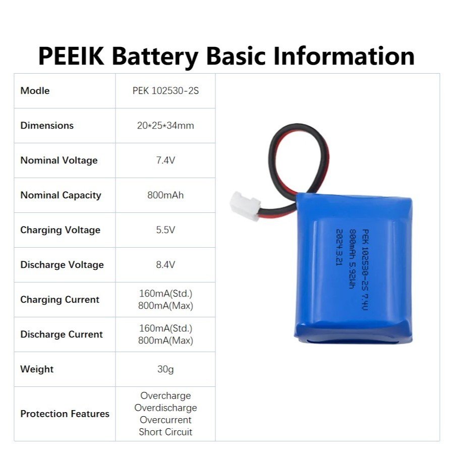 102530-2S 2S1P 800mAh7.4V PEEIK Electric Torpedo Boats Digital Scale Wireless Mouse Smart Flashlight Smart Iron No Memory Effect
