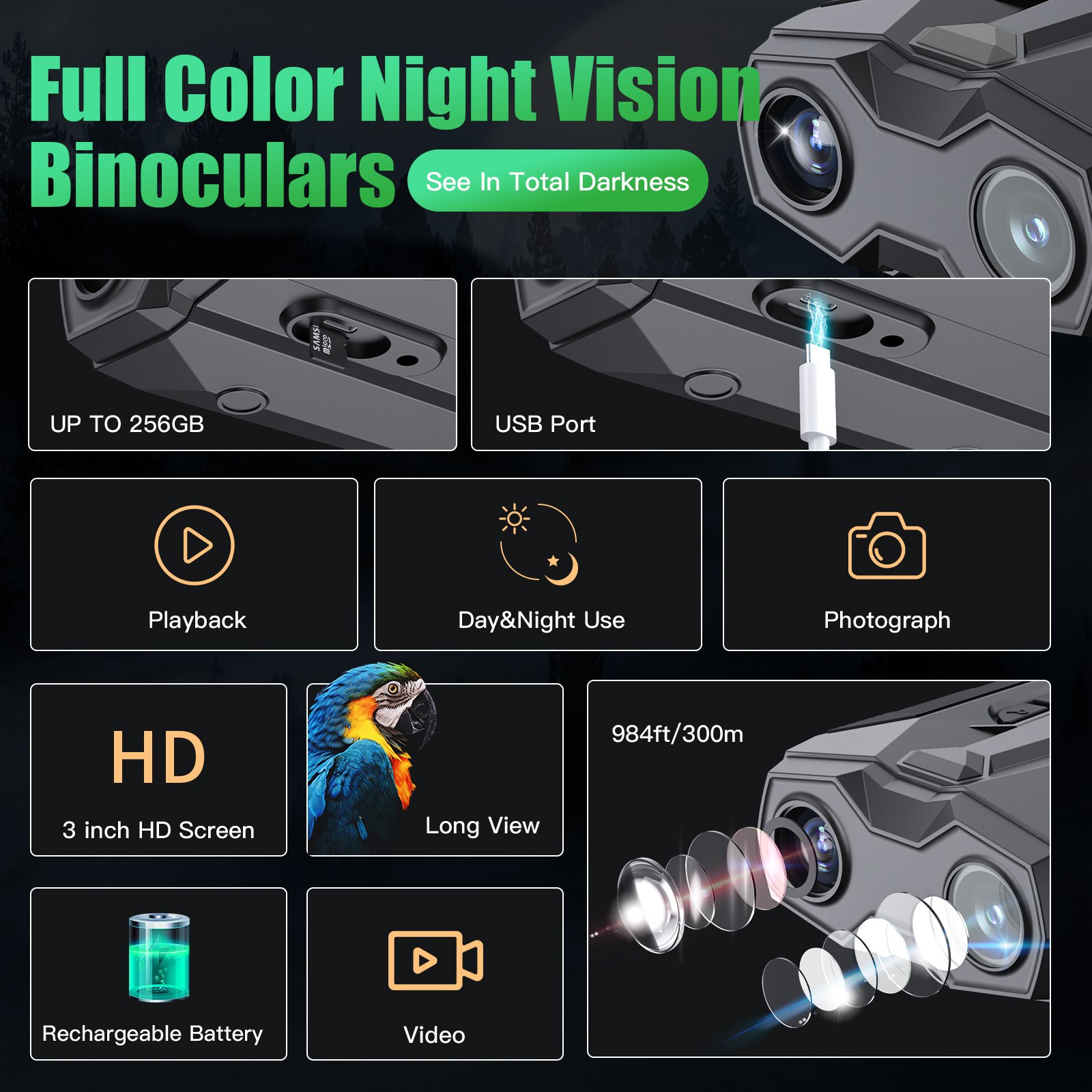 Night Vision Goggles - 4K Infrared Digital Binoculars with /3 HD Screen and 32GB Memory Card for Photos and Videos
