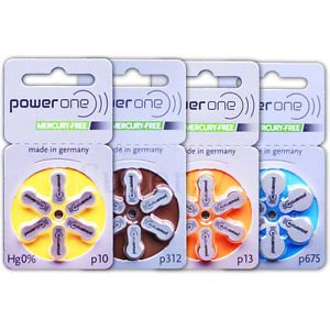 Power One Hearing Aid Batteries Button Pattern in 4 Sizes A10 A312 A13 A675