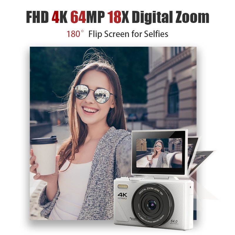 4K Kids Camera 64MP 18X Zoom Compact Point and Shoot Digital Camera with SD Card for Photography