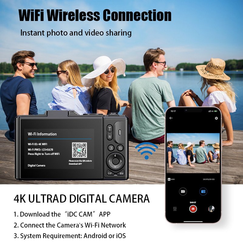 4K Kids Camera 64MP 18X Zoom Compact Point and Shoot Digital Camera with SD Card for Photography