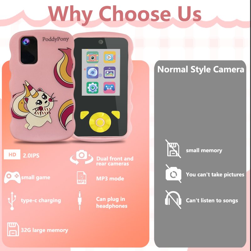 PoddyPony Factory High Quality Mini Dual Lens Toy kids photo camera High Capacity Battery Kids Smart Phone Camera