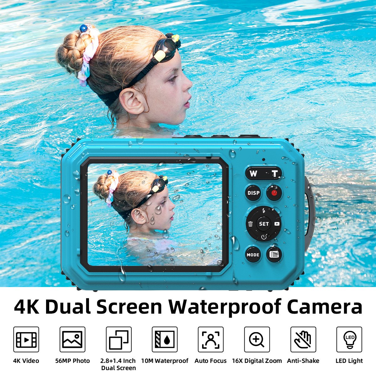 UHD 4K 56MP Waterproof Camera 2.8+1.4'' Dual Screen 10M/33FT Waterproof Auto Focus Underwater Camera for Swimming and Snorkeling