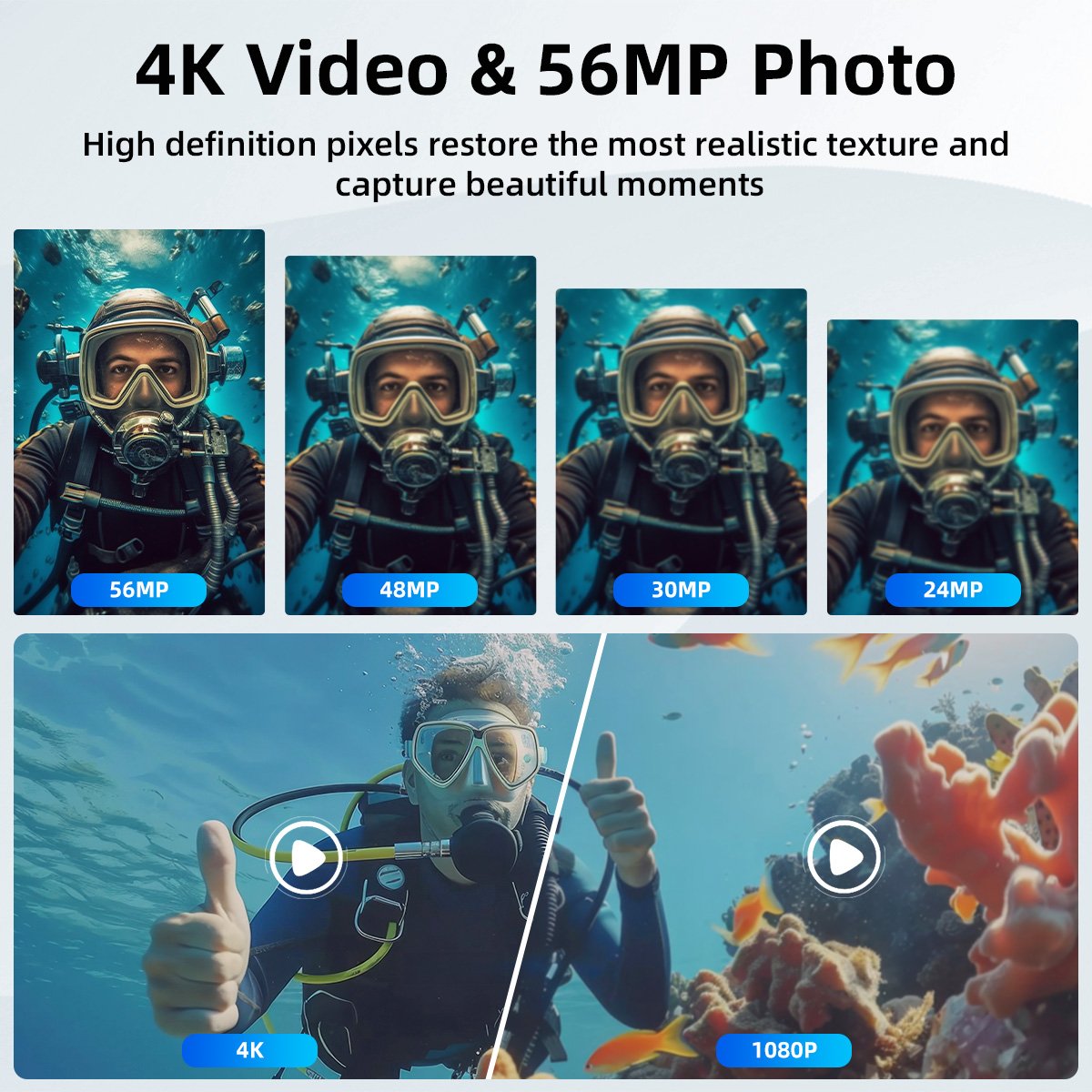 UHD 4K 56MP Waterproof Camera 2.8+1.4'' Dual Screen 10M/33FT Waterproof Auto Focus Underwater Camera for Swimming and Snorkeling