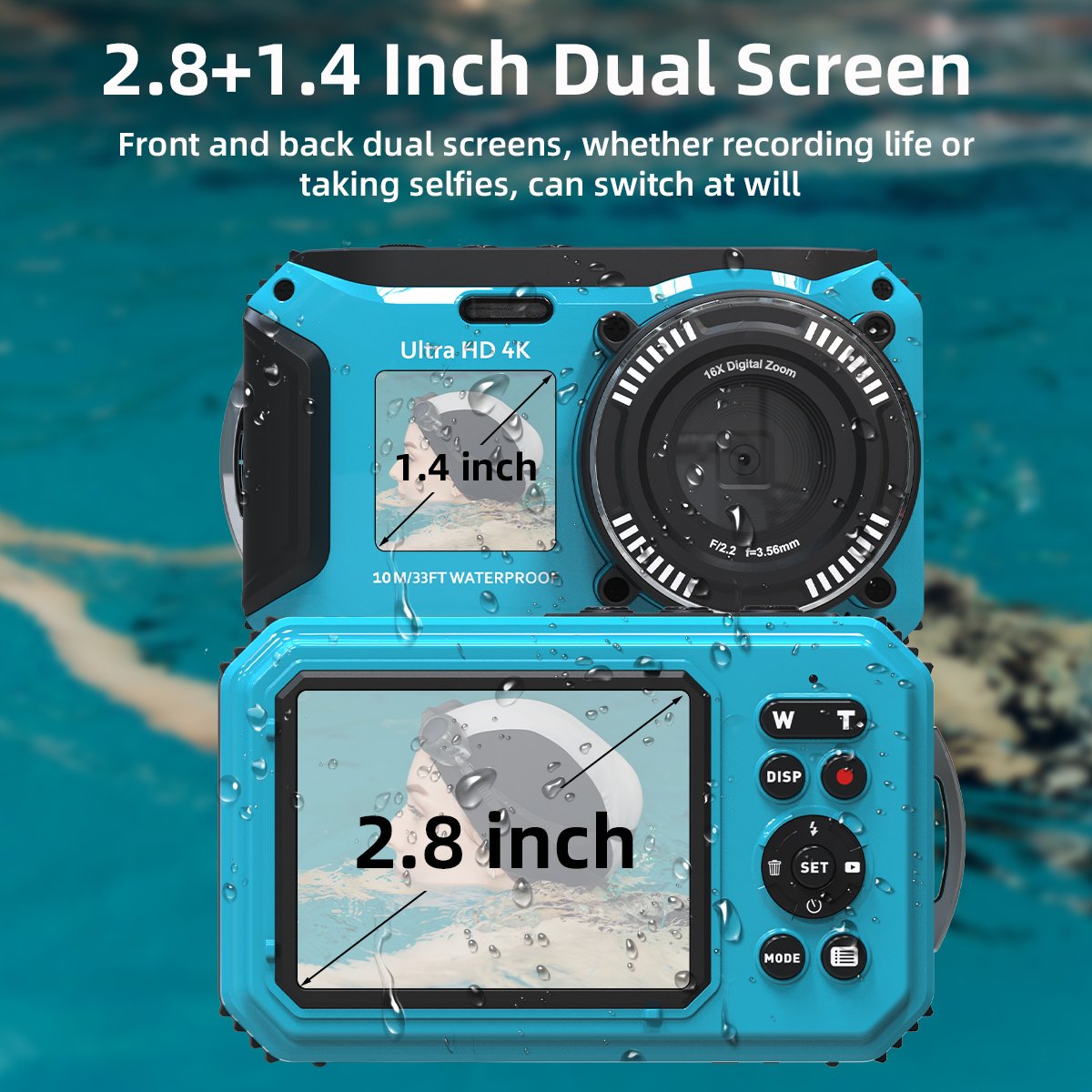 UHD 4K 56MP Waterproof Camera 2.8+1.4'' Dual Screen 10M/33FT Waterproof Auto Focus Underwater Camera for Swimming and Snorkeling
