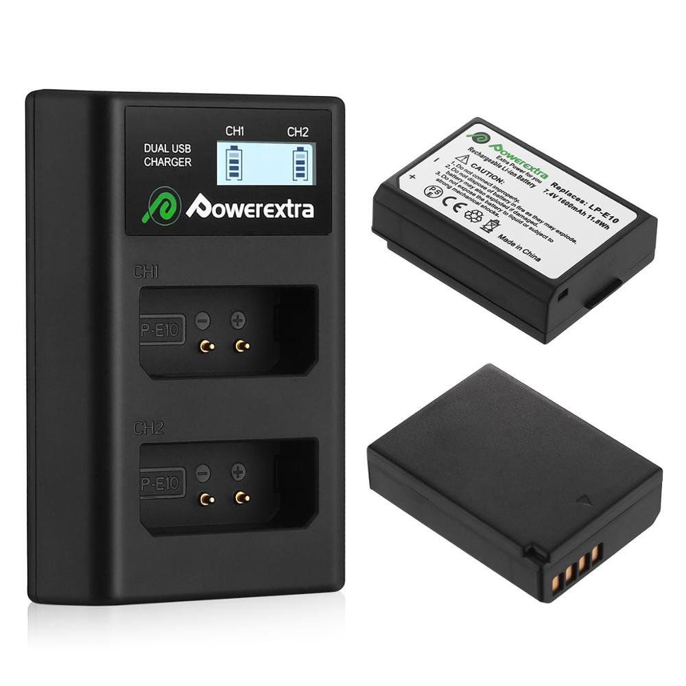 Powerextra LP-E10 2 Pack Battery LCD Dual USB Charger For Canon Rebel T3 T5 T100 Kiss X50 Kiss X70 1100D 1200D Digital Camera