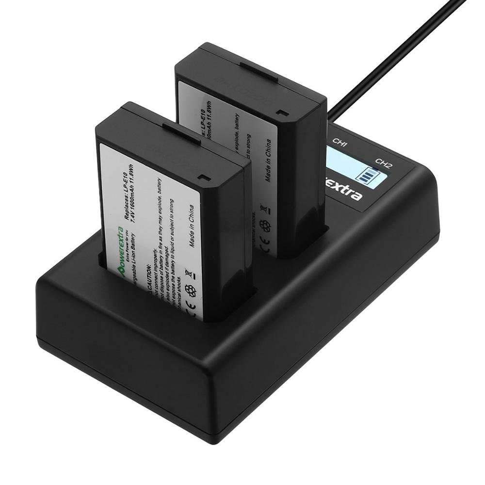 Powerextra LP-E10 2 Pack Battery LCD Dual USB Charger For Canon Rebel T3 T5 T100 Kiss X50 Kiss X70 1100D 1200D Digital Camera